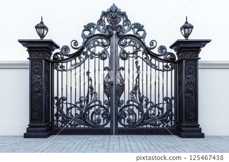 Ornate black wrought iron gate with intricate designs at a luxurious estate entrance during bright daylight 125467438