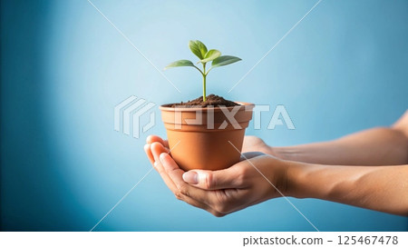 hand holding plant pot with young plant  Empty space Minimal Background 125467478