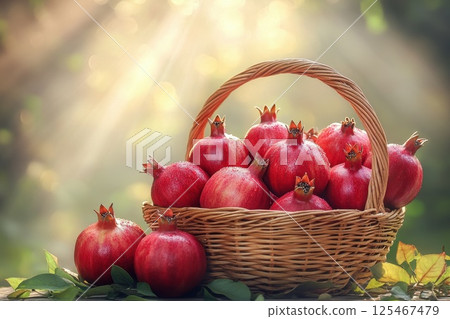 Freshly gathered pomegranates displayed in a woven basket under soft sunlight with a natural backdrop of greenery in an outdoor setting Freshly gathered pomegranates displayed in a woven basket under soft sunlight with a natural backdrop of greenery in an outdoor setting 125467479