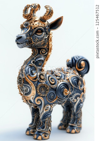 Unique decorative goat figurine with intricate designs and vibrant colors displayed against a neutral backdrop showcasing craftsmanship and artistry 125467512