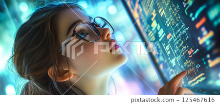 A smart girl deep in thought as she contemplates a challenging scientific problem. The concept of intelligence, curiosity, and critical thinking. Generative AI. A smart girl deep in thought as she contemplates a challenging scientific problem. The concept of intelligence, curiosity, and critical thinking. Generative AI. 125467616
