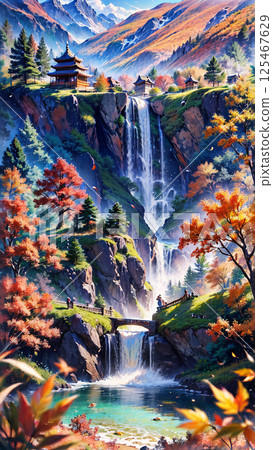 A waterfall decorated with autumn leaves A waterfall decorated with autumn leaves 125467629