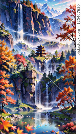 秋葉裝飾的瀑布 秋葉裝飾的瀑布 125467630