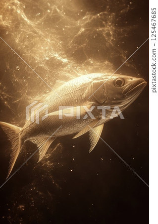 Underwater view of a fish swimming gracefully in golden light creating an enchanting atmosphere 125467685