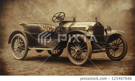 Vintage automobile parked in a quaint setting during the early 20th century with lush greenery and a charming residence in the background 125467686