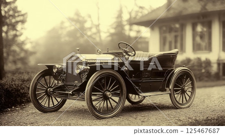 Vintage automobile parked in front of classic house surrounded by trees on a calm day in early 20th century 125467687