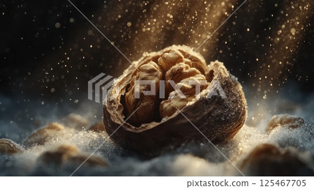 Delicate walnut cracking open surrounded by shimmering particles in a dimly lit setting capturing the essence of nature's beauty and fragility 125467705
