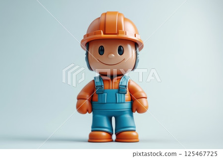 Smiling construction worker toy figure wearing an orange helmet and blue overalls against a light background 125467725