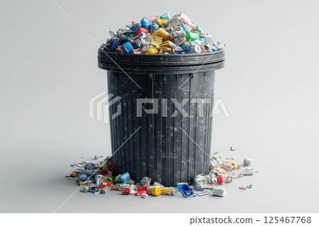 Overflowing trash bin filled with waste material and litter messily surrounding it in a clean indoor environment Overflowing trash bin filled with waste material and litter messily surrounding it in a clean indoor environment 125467768