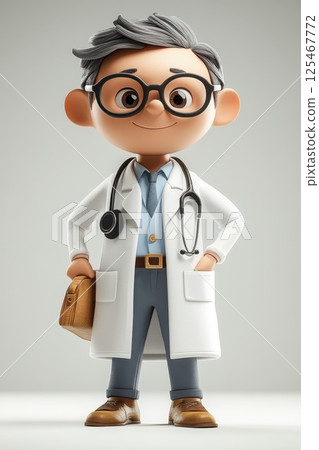 Cartoon character of a friendly doctor with glasses, standing confidently in a white coat, adorned with a stethoscope, evoking a sense of trust and care in a professional setting 125467772
