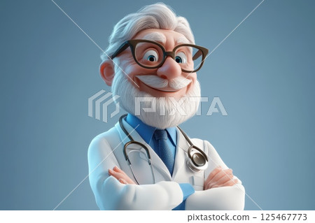 Cartoon doctor character with glasses and a stethoscope in a modern medical setting representing health and care 125467773