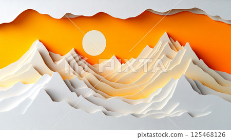 Paper craft mountain and orange sunset illustration Paper craft mountain and orange sunset illustration 125468126