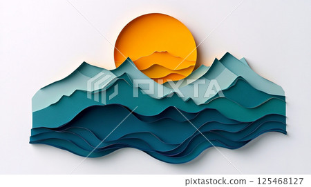 Paper craft mountain and orange sunset illustration 125468127