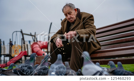 Senior Man Feeding Pigeons Alone on Park Bench: Aging and Solitude Concept Senior Man Feeding Pigeons Alone on Park Bench: Aging and Solitude Concept 125468293