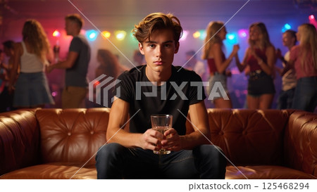 Crowded Party with One Person Sitting Alone: Social Anxiety and Feeling Invisible Concept 125468294