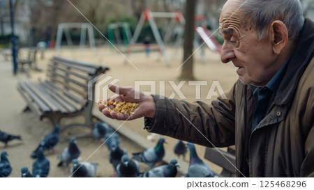 Senior Man Feeding Pigeons Alone on Park Bench: Aging and Solitude Concept Senior Man Feeding Pigeons Alone on Park Bench: Aging and Solitude Concept 125468296