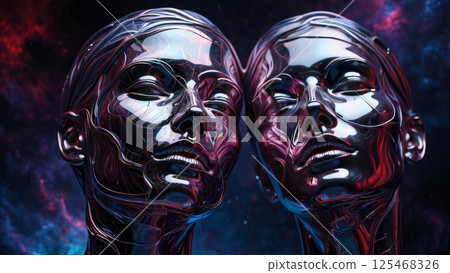 Two beautiful chrome-metallic faces with elongated features intertwine in an intricate dance against a backdrop of swirling nebulae in deep space. Two beautiful chrome-metallic faces with elongated features intertwine in an intricate dance against a backdrop of swirling nebulae in deep space. 125468326