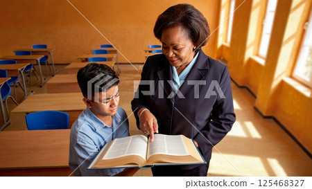 Teacher Helping Struggling Student One-on-One: Empathy and Personalized Learning in Empty Classroom 125468327