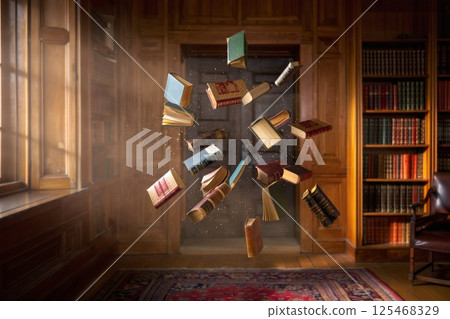 Antique Books Flying Out of Library Shelf: Magical Realism Concept for Literature and Knowledge Themes 125468329