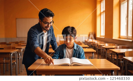 Teacher Helping Struggling Student One-on-One: Empathy and Personalized Learning in Empty Classroom 125468330