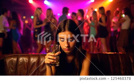 Crowded Party with One Person Sitting Alone: Social Anxiety and Feeling Invisible Concept 125468378