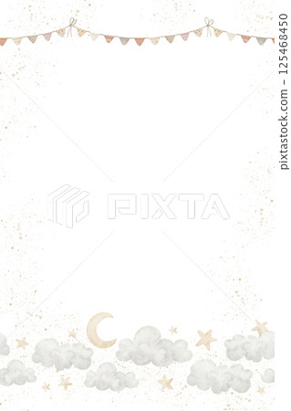 Watercolor Template for childish greeting card with soft moon, stars, and clouds forming a frame. Illustration of sky background in pastel beige colors for Baby shower invitations or nursery posters. Watercolor Template for childish greeting card with soft moon, stars, and clouds forming a frame. Illustration of sky background in pastel beige colors for Baby shower invitations or nursery posters. 125468450