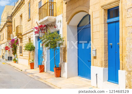 View of an empty typical Maltese street with potted trees near blue wooden garage doors 125468529