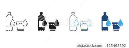 Water Bottle and Glass with Droplets Line and Silhouette Icon Set. Clean Water and Staying Hydrated Outline and Solid Symbol. Editable Stroke. Isolated Vector Illustration 125468592