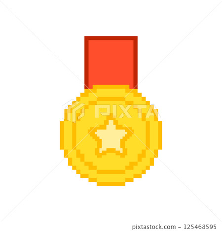 Pixelated Medal Icon. Pixel Art Symbol Of Gold Medal With Star Design. Isolated Vector Illustration Pixelated Medal Icon. Pixel Art Symbol Of Gold Medal With Star Design. Isolated Vector Illustration 125468595