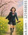 A high school girl in uniform walking among cherry blossoms and rape blossoms 125468693