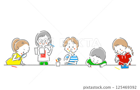 孩子們並肩學習和做手工的插圖，色彩鮮豔 125469392