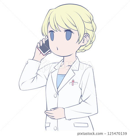 Blonde female pharmacist making a phone call on her smartphone - Calling 125470139