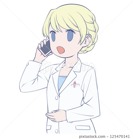Blonde female pharmacist making a phone call on her smartphone, smiling Blonde female pharmacist making a phone call on her smartphone, smiling 125470141