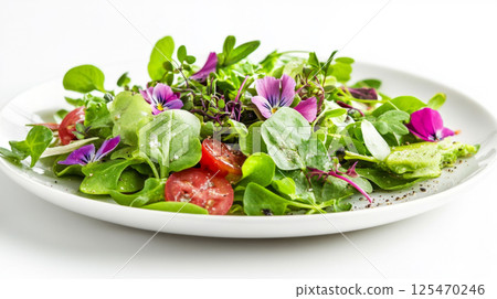 Artistic Salad with Fresh Greens and Purple Edible Flowers 125470246