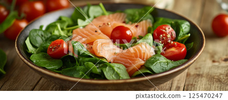 Fresh Salmon Salad with Spinach and Cherry Tomatoes 125470247