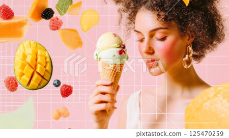 Blissful woman savoring mango ice cream with fruit decor 125470259