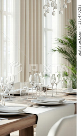 Elegant dining table setup shines with glassware 125470282