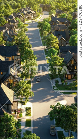 Cars Drive Through Suburban Street Lined with Trees and Houses at Sunset 125470290