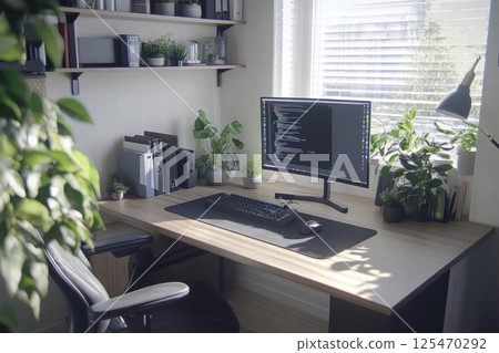 Modern Home Office Setup Enhances Productivity with Natural Light and Greenery 125470292