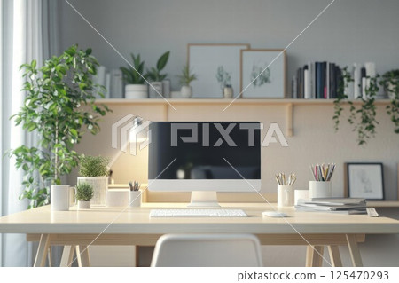 Modern Home Office Setup Features a Computer, Keyboard, and Mouse with Greenery Decor 125470293