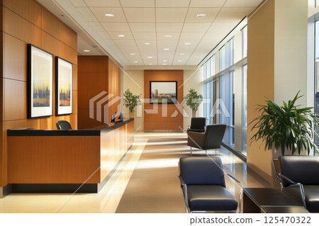 Modern Office Lobby Shows Reception Desk, Waiting Area, and Large Windows with Natural Light 125470322