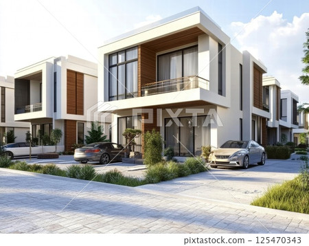 Modern Suburban Homes Embrace Contemporary Architecture and Landscaping with Comfort and Style. Modern Suburban Homes Embrace Contemporary Architecture and Landscaping with Comfort and Style. 125470343