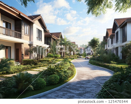 Modern Suburban Street Curves Gently Through Community with Lush Landscaping and Homes Modern Suburban Street Curves Gently Through Community with Lush Landscaping and Homes 125470344