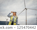 A highly confident female engineer, dressed in safety attire, stands proudly at a picturesque wind farm, showcasing her commitment to renewable energy and sustainable engineering practices 125470442
