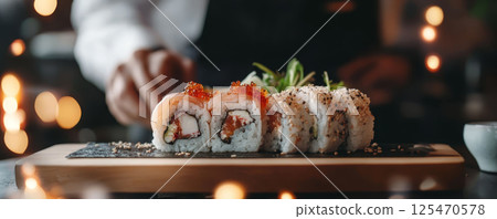 Fresh Salmon Sushi Rolls with Caviar Garnish 125470578