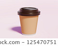 High quality 3D render of takeaway disposable kraft paper coffee cup with brown lid on pastel pink backdrop. Product mockup for your design. For packaging design, marketing, branding, coffee culture. 125470751