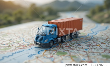 Blue Shipping Truck on Map | GPS Tracking Concept | 3D Illustration. Blue Shipping Truck on Map | GPS Tracking Concept | 3D Illustration. 125470799