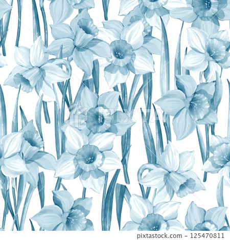 Seamless pattern of yellow and white daffodils with green leaves. Seamless pattern of yellow and white daffodils with green leaves. 125470811