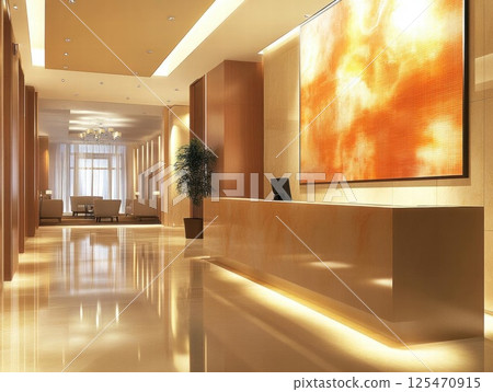 Elegant Hotel Lobby Shows Reception Desk and Warm Lighting with Modern Interior Design Concept. 125470915