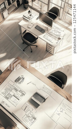 architectural project, engineering drawing on blueprint 125471144